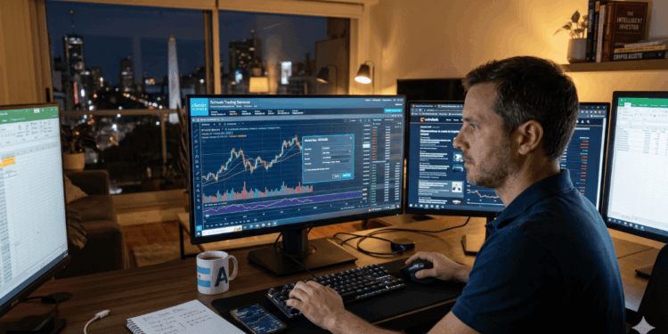 Un trader frente a varios monitores analiza grรกficos de Bitcoin en una interfaz de Charles Schwab. Se ve concentrado en su escritorio con cafรฉ, teclado y apuntes.