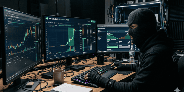 Representación de un trader enmascarado manipulando los precios en Hyperliquid.