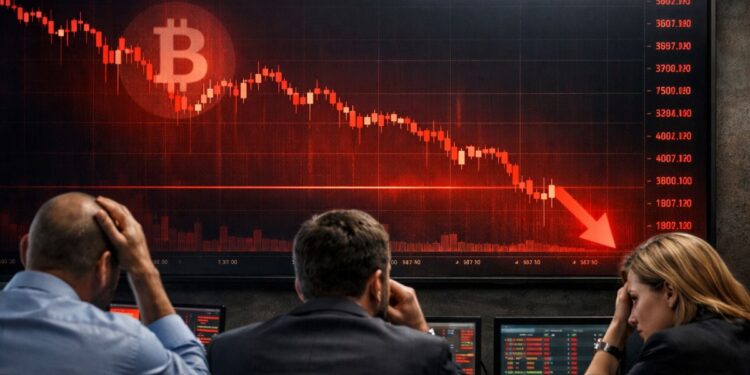 Traders observando gráfico de bitcoin en caída con velas rojas en pantalla financiera.