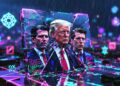 Donald Trump y sus hijos reflejados en un gran espejo hecho de bloques de blockchain. El espejo está agrietado y roto por el centro. En las grietas se ven claramente transacciones on-chain