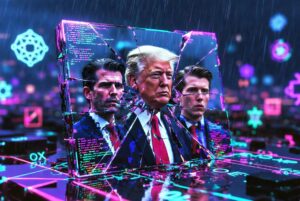 Donald Trump y sus hijos reflejados en un gran espejo hecho de bloques de blockchain. El espejo está agrietado y roto por el centro. En las grietas se ven claramente transacciones on-chain