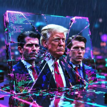 Donald Trump y sus hijos reflejados en un gran espejo hecho de bloques de blockchain. El espejo está agrietado y roto por el centro. En las grietas se ven claramente transacciones on-chain