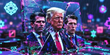 Donald Trump y sus hijos reflejados en un gran espejo hecho de bloques de blockchain. El espejo está agrietado y roto por el centro. En las grietas se ven claramente transacciones on-chain