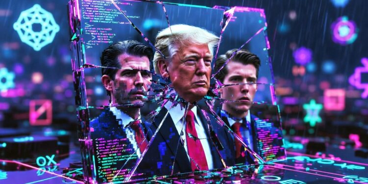 Donald Trump y sus hijos reflejados en un gran espejo hecho de bloques de blockchain. El espejo está agrietado y roto por el centro. En las grietas se ven claramente transacciones on-chain