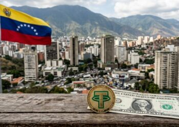 Moneda de USDT junto a un billete de 1 dolar, de fondo estando Caracas y la bandera de Venezuela.