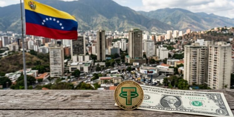 Moneda de USDT junto a un billete de 1 dolar, de fondo estando Caracas y la bandera de Venezuela.