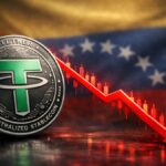 Una moneda fรญsica de USDT delante de una flecha roja y una bandera de Venezuela.
