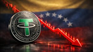 Una moneda fรญsica de USDT delante de una flecha roja y una bandera de Venezuela.
