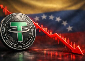 Una moneda física de USDT delante de una flecha roja y una bandera de Venezuela.