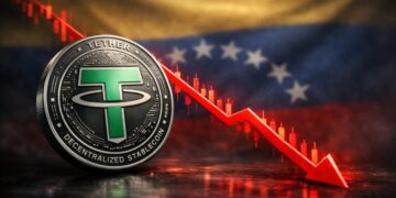 Una moneda física de USDT delante de una flecha roja y una bandera de Venezuela.