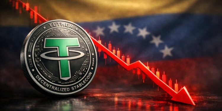 Una moneda fรญsica de USDT delante de una flecha roja y una bandera de Venezuela.