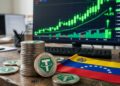 Monedas de USDT con la bandera de Venezuela y gráficas en verde señalando aumento en el fondo.