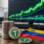 Monedas de USDT con la bandera de Venezuela y gráficas en verde señalando aumento en el fondo.