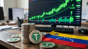 Monedas de USDT con la bandera de Venezuela y gráficas en verde señalando aumento en el fondo.