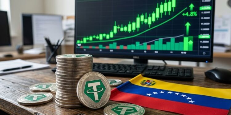 Monedas de USDT con la bandera de Venezuela y gráficas en verde señalando aumento en el fondo.