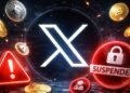 Logo de la red social X con criptomonedas alrededor y simbologia de cierre y suspensión de cuentas..