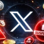Logo de la red social X con criptomonedas alrededor y simbologia de cierre y suspensión de cuentas..