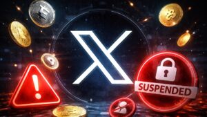 Logo de la red social X con criptomonedas alrededor y simbologia de cierre y suspensión de cuentas..