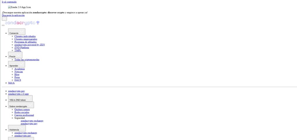 Captura de pantalla de pรกgina web de Zondacrypto.
