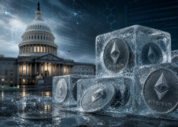 Monedas de ether congeladas, de fondo el congreso de EE. UU.