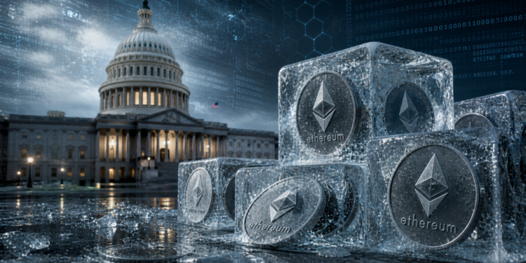 Monedas de ether congeladas, de fondo el congreso de EE. UU.