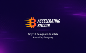 Portada minimalista de Acelerando Bitcoin con fondo morado, logo naranja, fecha 12 y 13 de agosto de 2026 y ubicación en Asunción, Paraguay.