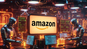 Robots de IA operando en un centro de amazon.