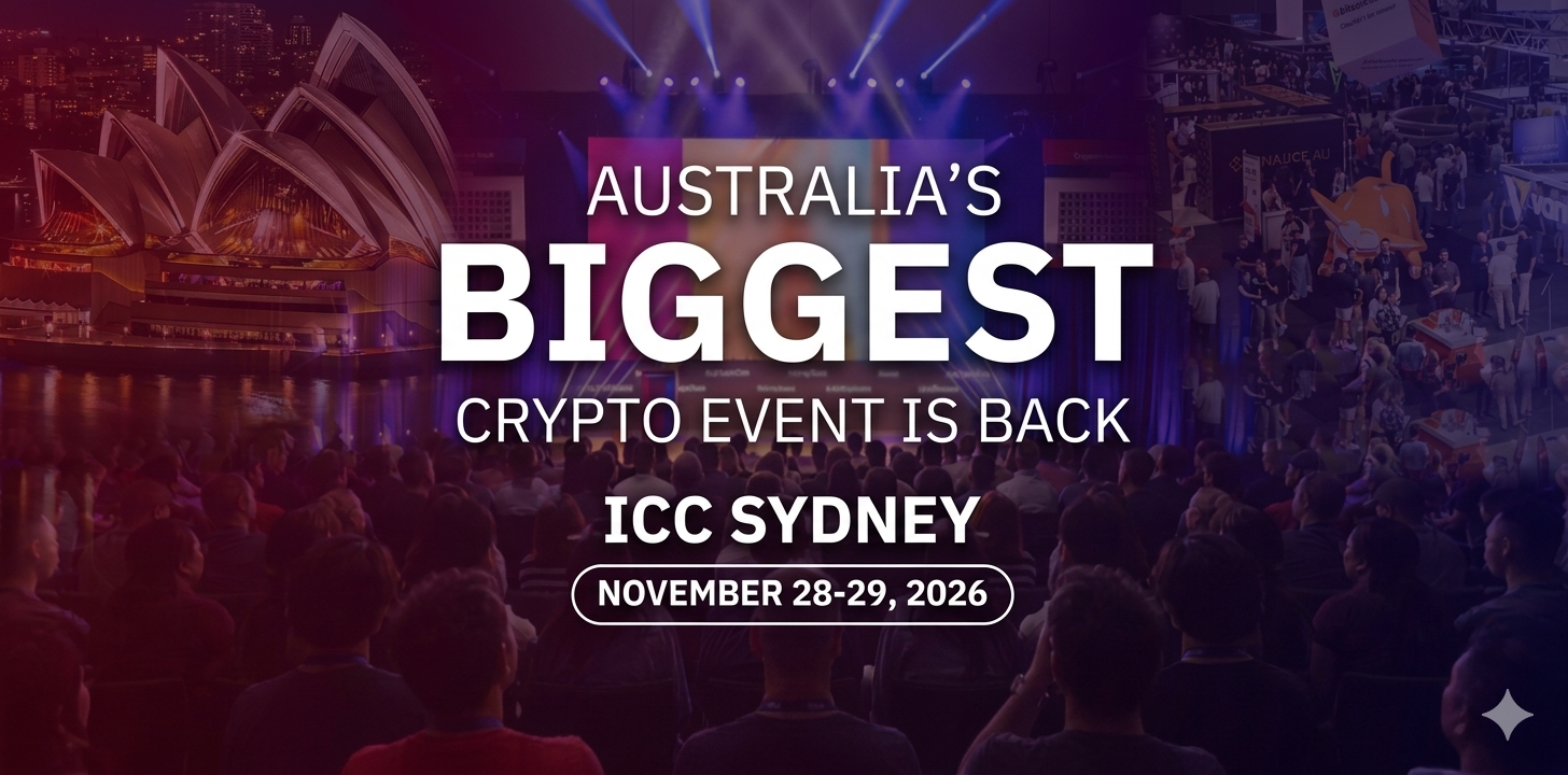 Banner de evento de criptomonedas en Sídney sobre fondo morado oscuro con formato horizontal.