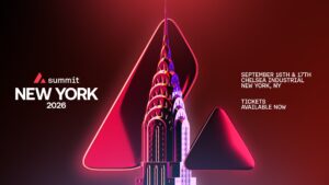 Banner de "Avalanche Summit New York 2026" con el edificio Chrysler iluminado en rojo.