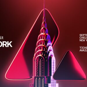 Banner de "Avalanche Summit New York 2026" con el edificio Chrysler iluminado en rojo.