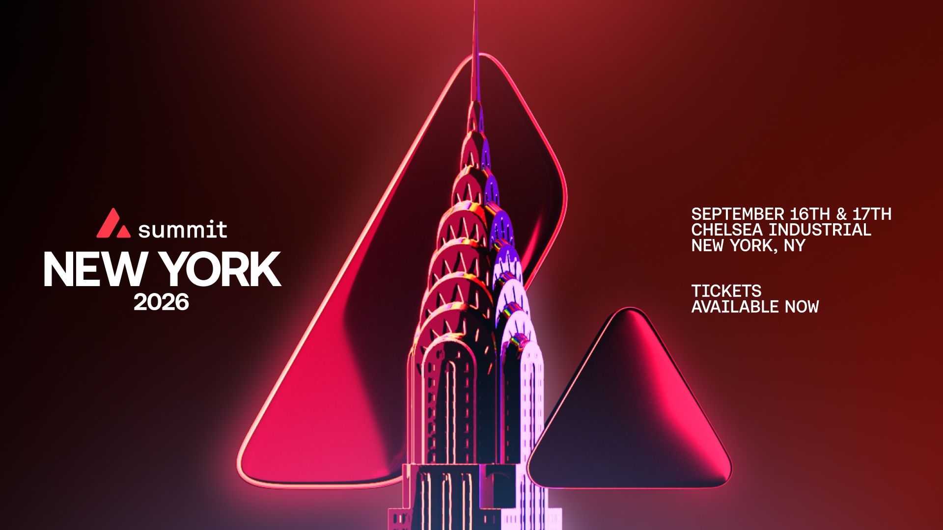 Banner de "Avalanche Summit New York 2026" con el edificio Chrysler iluminado en rojo.