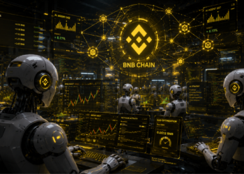Un centro de computación con robots operando en la red de criptomonedas BNB Chain.