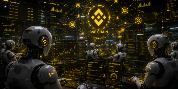 Un centro de computación con robots operando en la red de criptomonedas BNB Chain.
