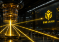 Una computadora cuรกntica en un laboratorio, junto a una pantalla con el logo de la BNB Chain.