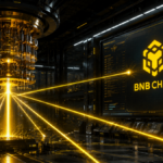 Una computadora cuรกntica en un laboratorio, junto a una pantalla con el logo de la BNB Chain.