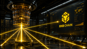 Una computadora cuántica en un laboratorio, junto a una pantalla con el logo de la BNB Chain.