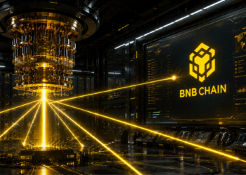 Una computadora cuántica en un laboratorio, junto a una pantalla con el logo de la BNB Chain.