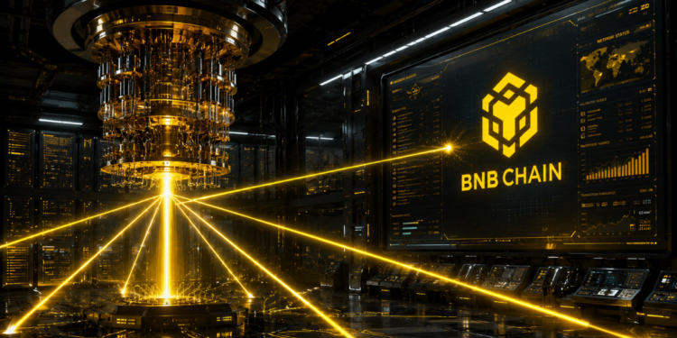 Una computadora cuántica en un laboratorio, junto a una pantalla con el logo de la BNB Chain.