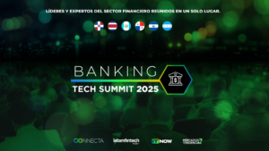 Cartel del Banking Tech Summit 2026 con fondo verde, logos de países, texto sobre líderes financieros y patrocinadores en la parte inferior.