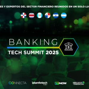 Cartel del Banking Tech Summit 2026 con fondo verde, logos de países, texto sobre líderes financieros y patrocinadores en la parte inferior.
