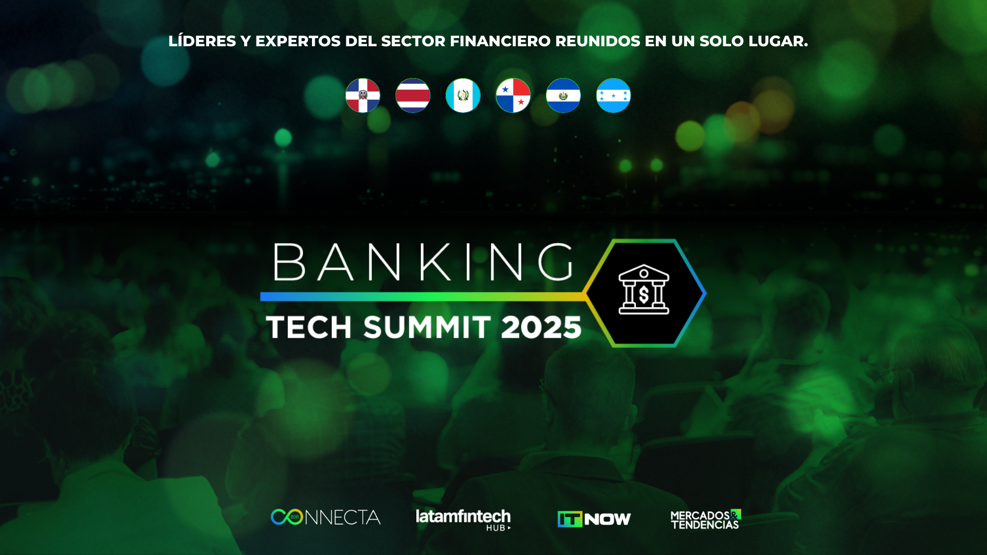 Cartel del Banking Tech Summit 2026 con fondo verde, logos de países, texto sobre líderes financieros y patrocinadores en la parte inferior.