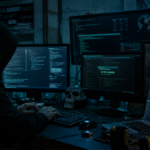 Una persona operando con computadoras para hacker sistemas digitales.
