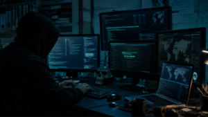 Una persona operando con computadoras para hacker sistemas digitales.