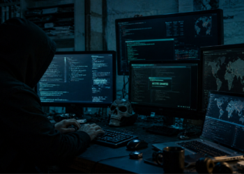 Una persona operando con computadoras para hacker sistemas digitales.