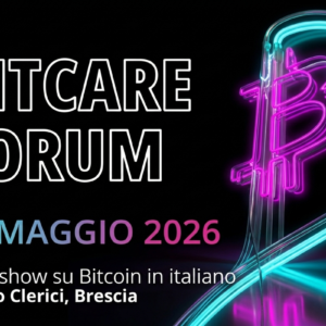 Póster de "BITCARE FORUM 2026" con fondo negro y un símbolo de Bitcoin en neón.