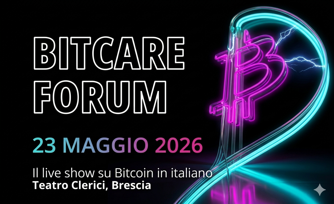 Póster de "BITCARE FORUM 2026" con fondo negro y un símbolo de Bitcoin en neón.