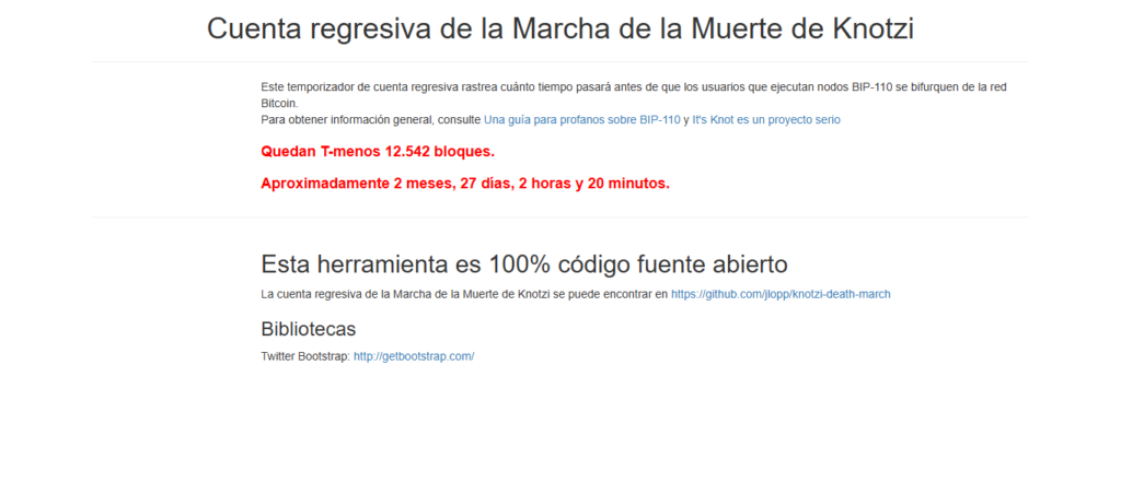 Portal de una web sobre nodos de Bitcoin y la nueva versión del cliente Knots.
