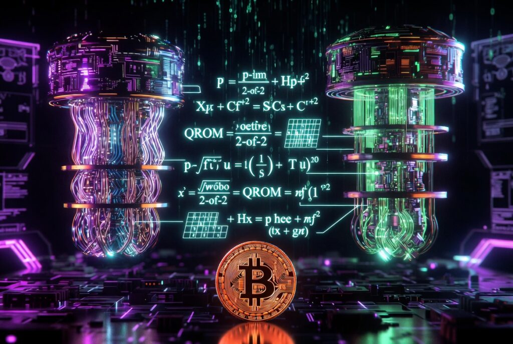 Una moneda de Bitcoin junto a dos ordenadores cuánticos.