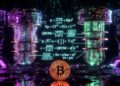 Una moneda de Bitcoin junto a dos ordenadores cuánticos.