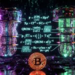 Una moneda de Bitcoin junto a dos ordenadores cuánticos.